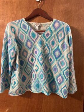 Talbots 100% Cashmere Sweater 2X Petite Blue Geometric V-Neck